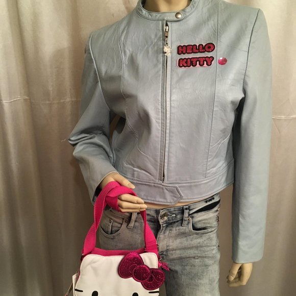 ADORABLE robins egg blue genuine leather jacket jacket with hello kitty details! - Picture 4 of 15